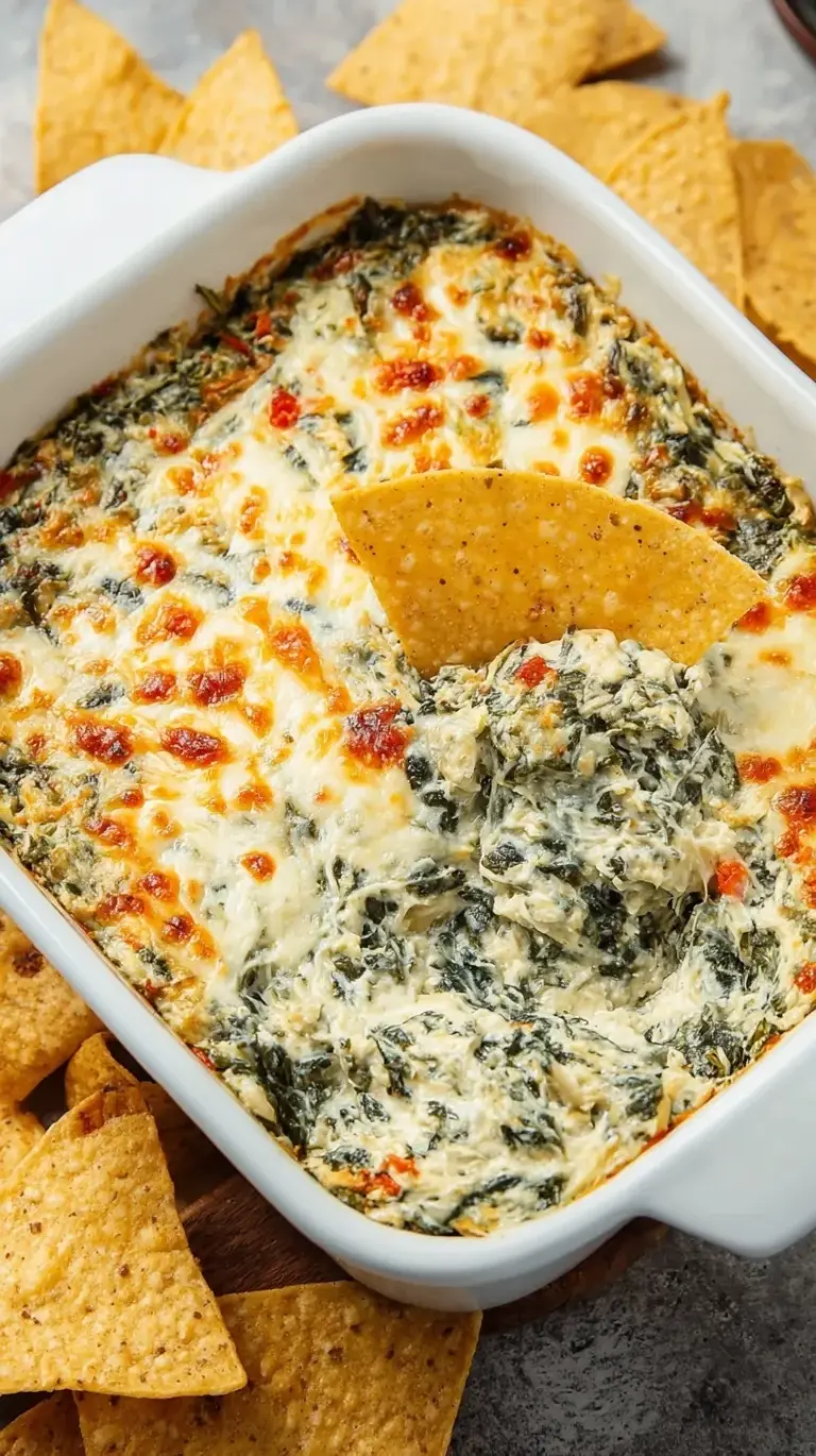 A baking dish filled with golden brown Healthy Spinach Artichoke Dip served with pita chips.