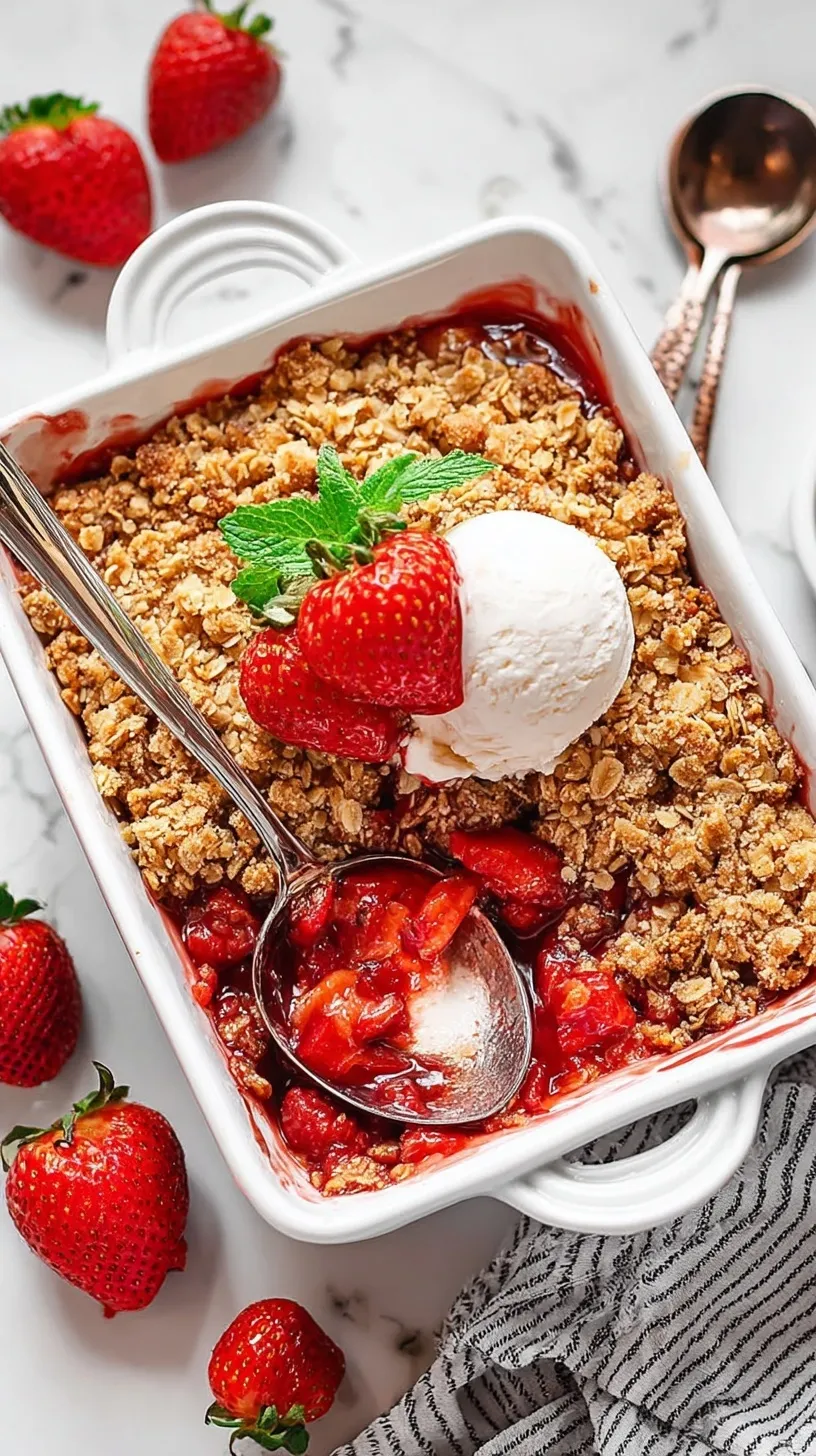 A golden brown healthy strawberry crisp in a square baking dish with bubbling red strawberry filling and a crunchy oat and pecan topping.