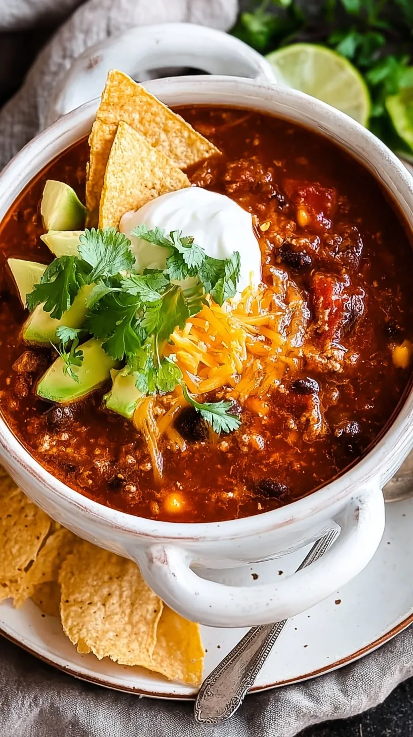 A steaming bowl of healthy turkey chili topped with fresh cilantro and avocado