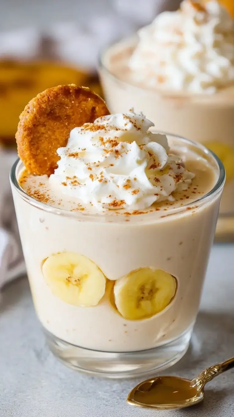 A creamy bowl of high protein banana pudding topped with crushed graham crackers and fresh banana slices.