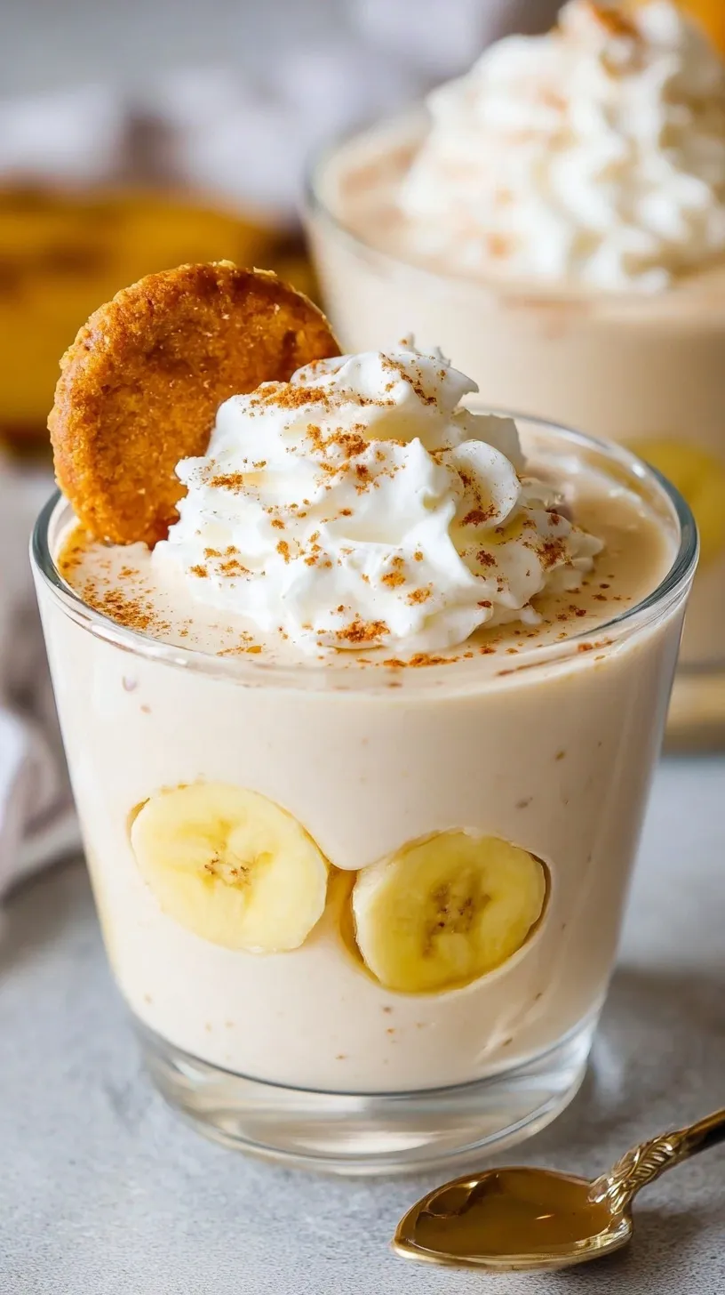 A creamy bowl of high protein banana pudding topped with crushed graham crackers and fresh banana slices.