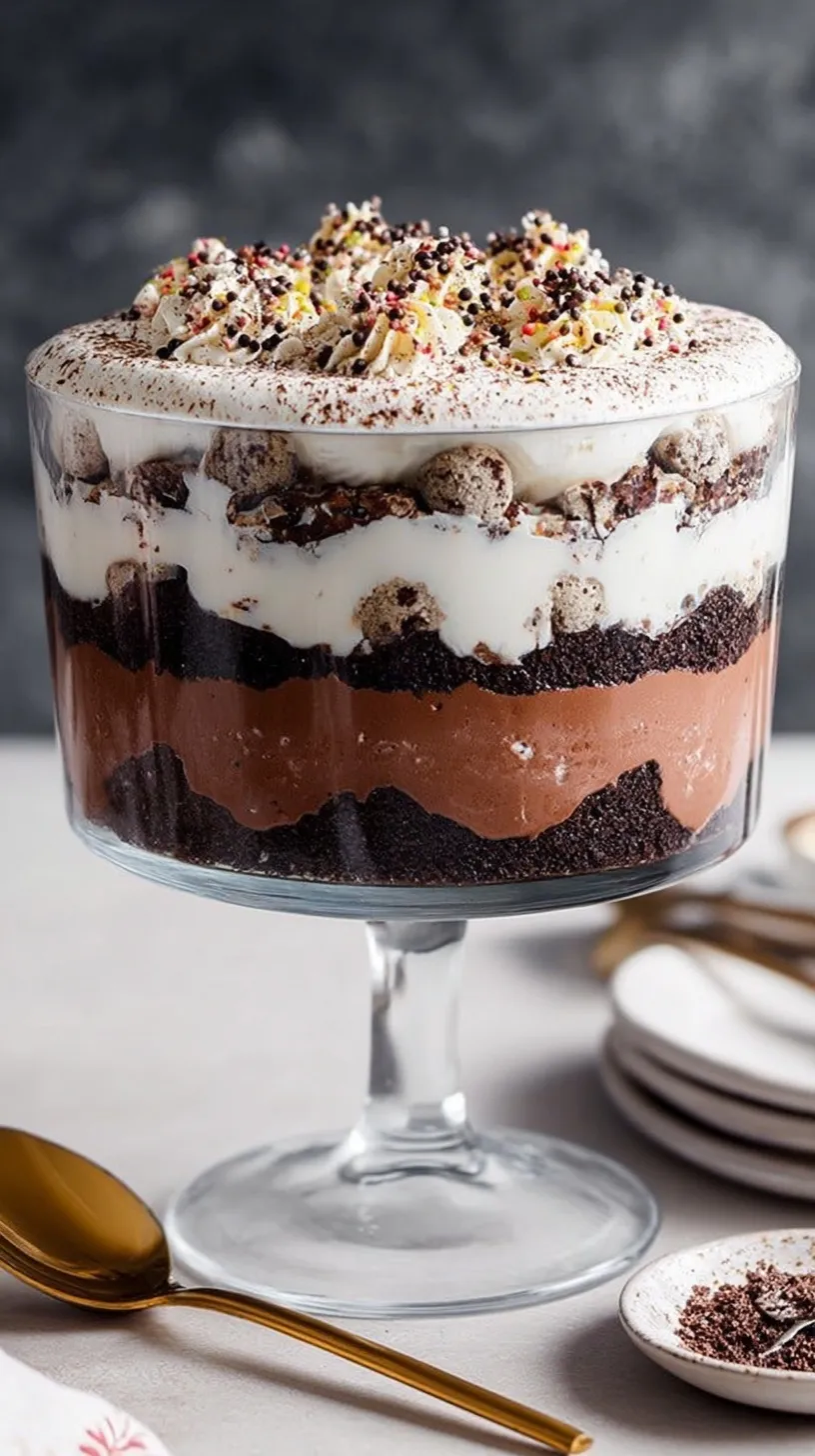 Layered chocolate protein cake and mousse in glass jars topped with whipped cream and chocolate chips.