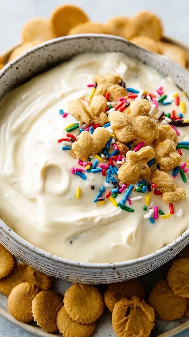 A bowl of creamy High Protein Dunkaroo Dip topped with rainbow sprinkles and served with apple slices.