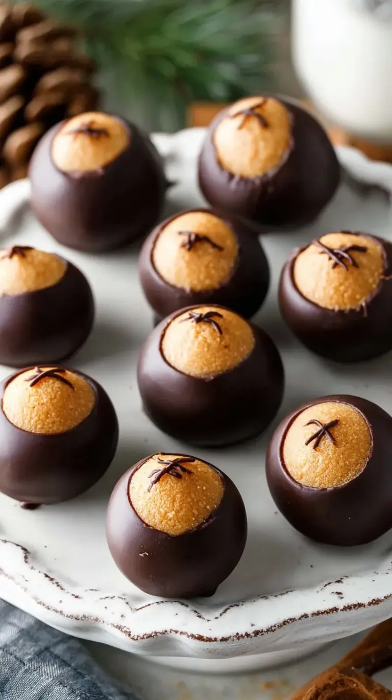 A tray of chocolate-dipped healthy protein buckeyes on parchment paper