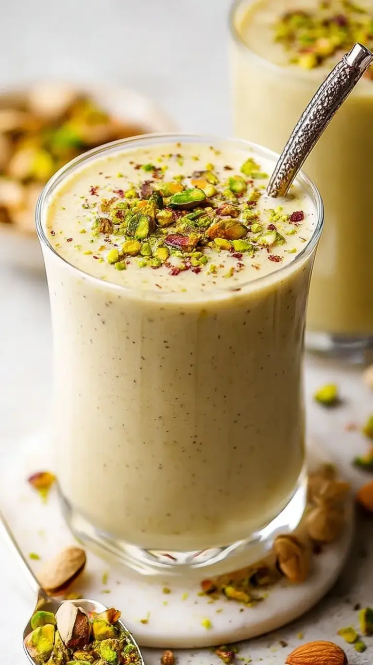 A vibrant green High-Protein Pistachio Smoothie in a tall glass topped with crushed nuts.