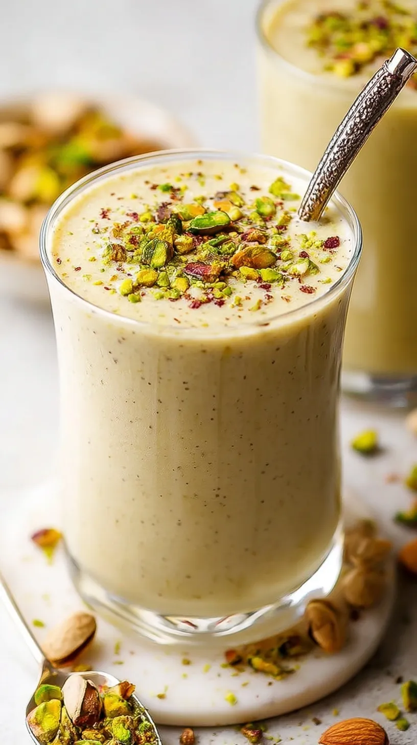 A vibrant green High-Protein Pistachio Smoothie in a tall glass topped with crushed nuts.