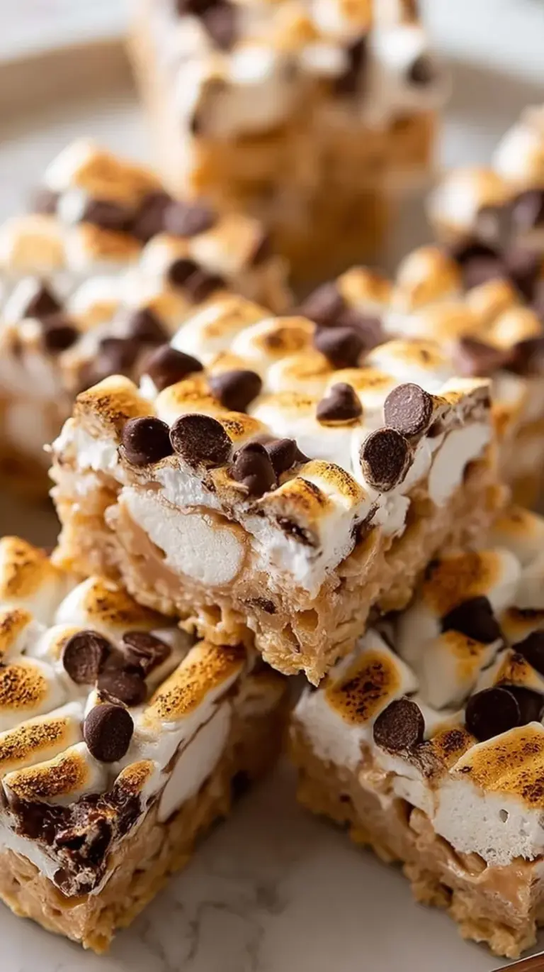 Chewy marshmallow cereal treats with protein powder, graham cracker bits, and dark chocolate chips on a white plate.