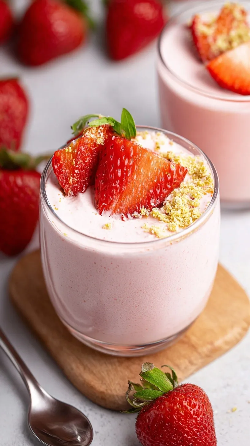 A glass bowl filled with light pink strawberry mousse topped with a fresh strawberry slice.