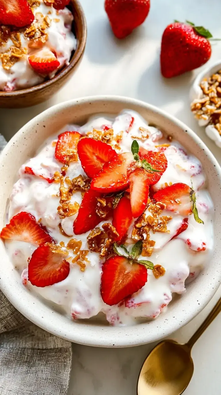 A vibrant glass bowl layered with crushed pretzels, creamy protein yogurt, and sliced fresh strawberries.