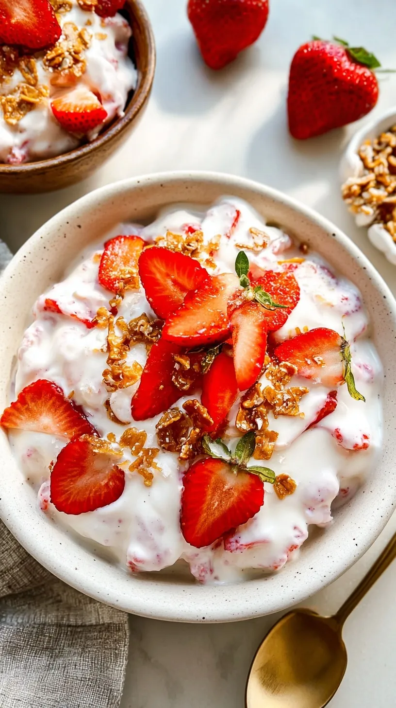 A vibrant glass bowl layered with crushed pretzels, creamy protein yogurt, and sliced fresh strawberries.