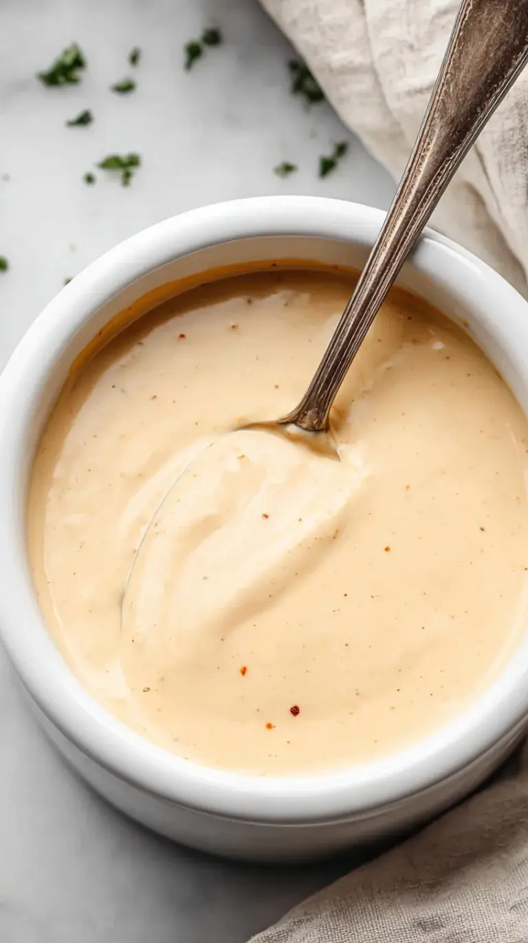 A creamy bowl of orange-hued special burger sauce with a spoon.