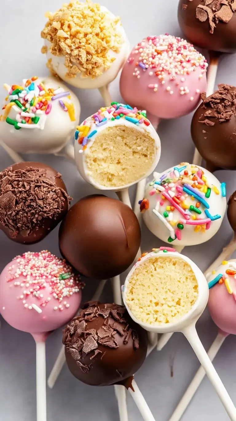 A tray of chocolate-covered cake pops on sticks with a smooth dark chocolate coating.