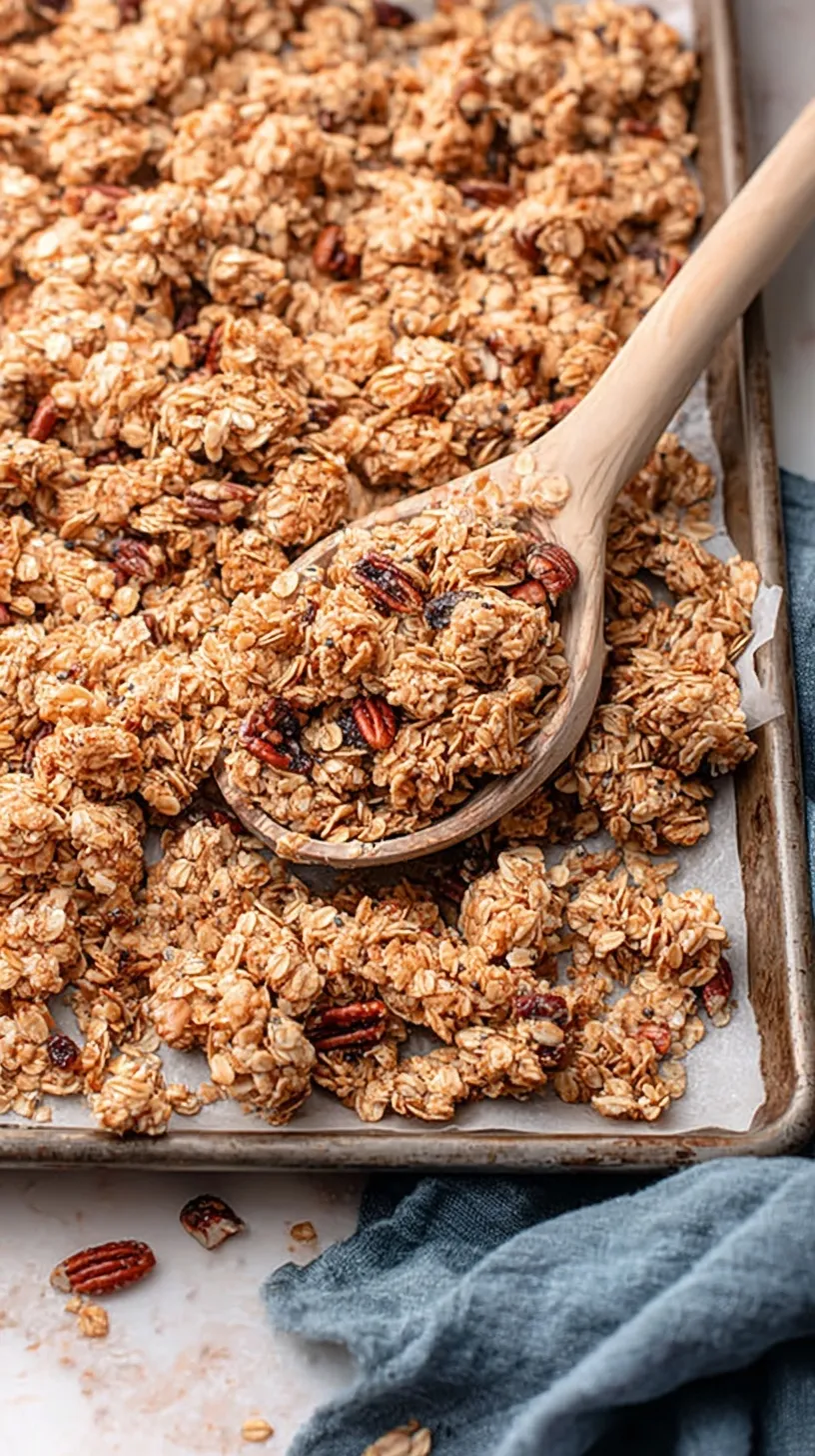 Golden brown crunchy homemade granola on a parchment-lined baking sheet with dried cranberries and pecans