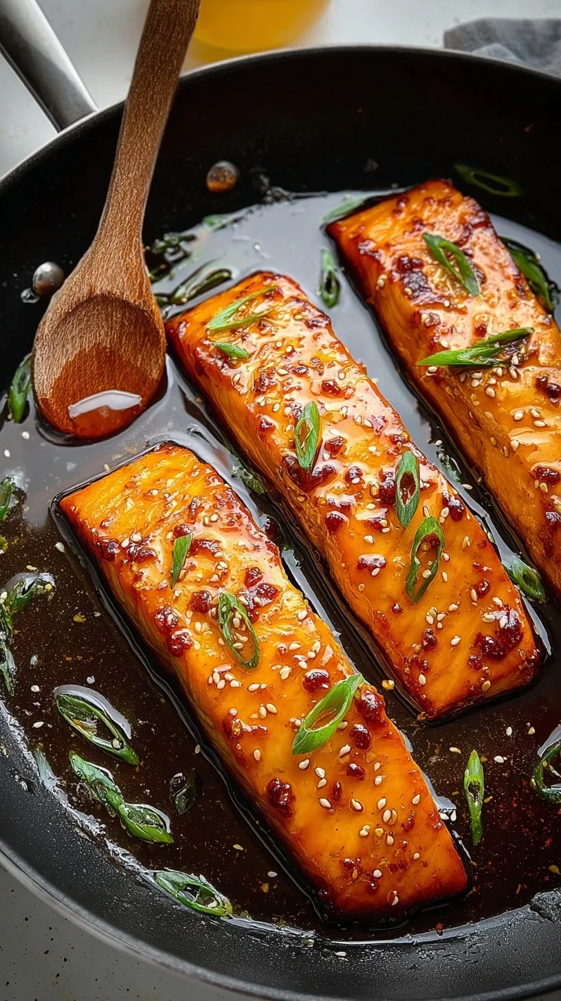 Pan-seared salmon fillets glistening with a golden honey soy glaze and fresh parsley garnish