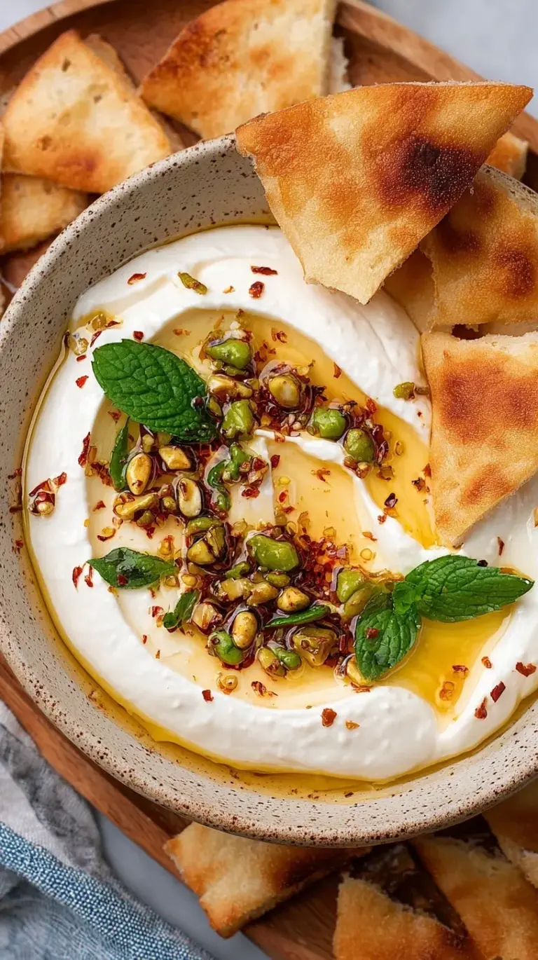 A shallow white bowl filled with silky whipped cottage cheese, drizzled with golden hot honey and sprinkled with fresh green chives.