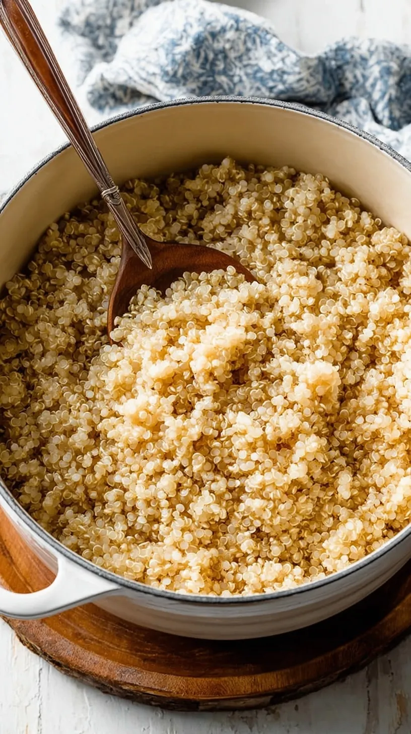 A close-up shot of light and airy cooked quinoa being fluffed with a silver fork in a metal saucepan.