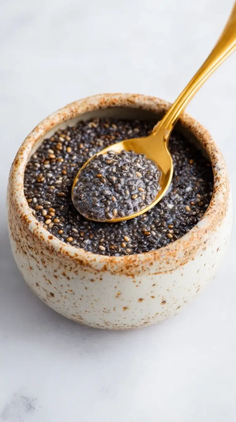 A small glass bowl containing a thick, gelatinous chia egg substitute next to a wooden spoon.