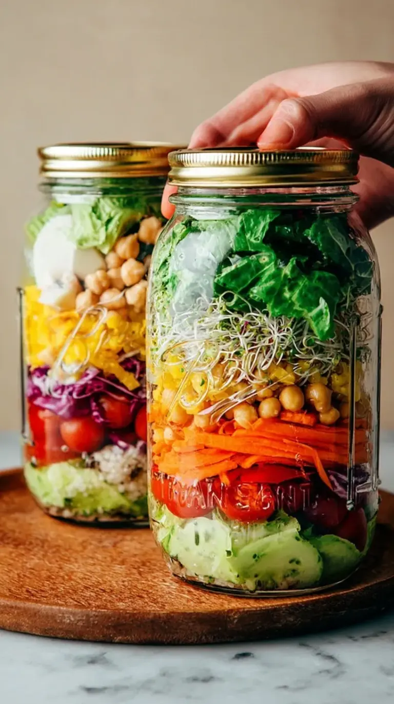 A colorful Mediterranean Mason Jar Salad with layers of dressing, chickpeas, quinoa, and fresh spinach.