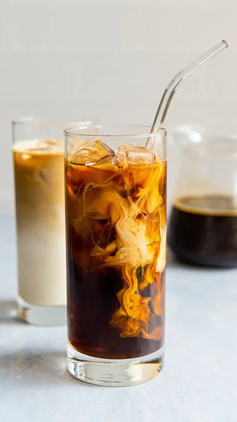 A glass carafe filled with dark, rich cold brew coffee concentrate next to a glass of iced coffee with milk.