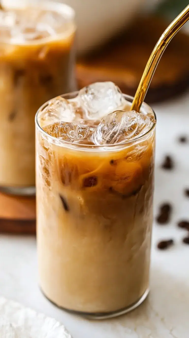 A glass of clear, amber Japanese-style iced coffee with large ice cubes and a splash of cream