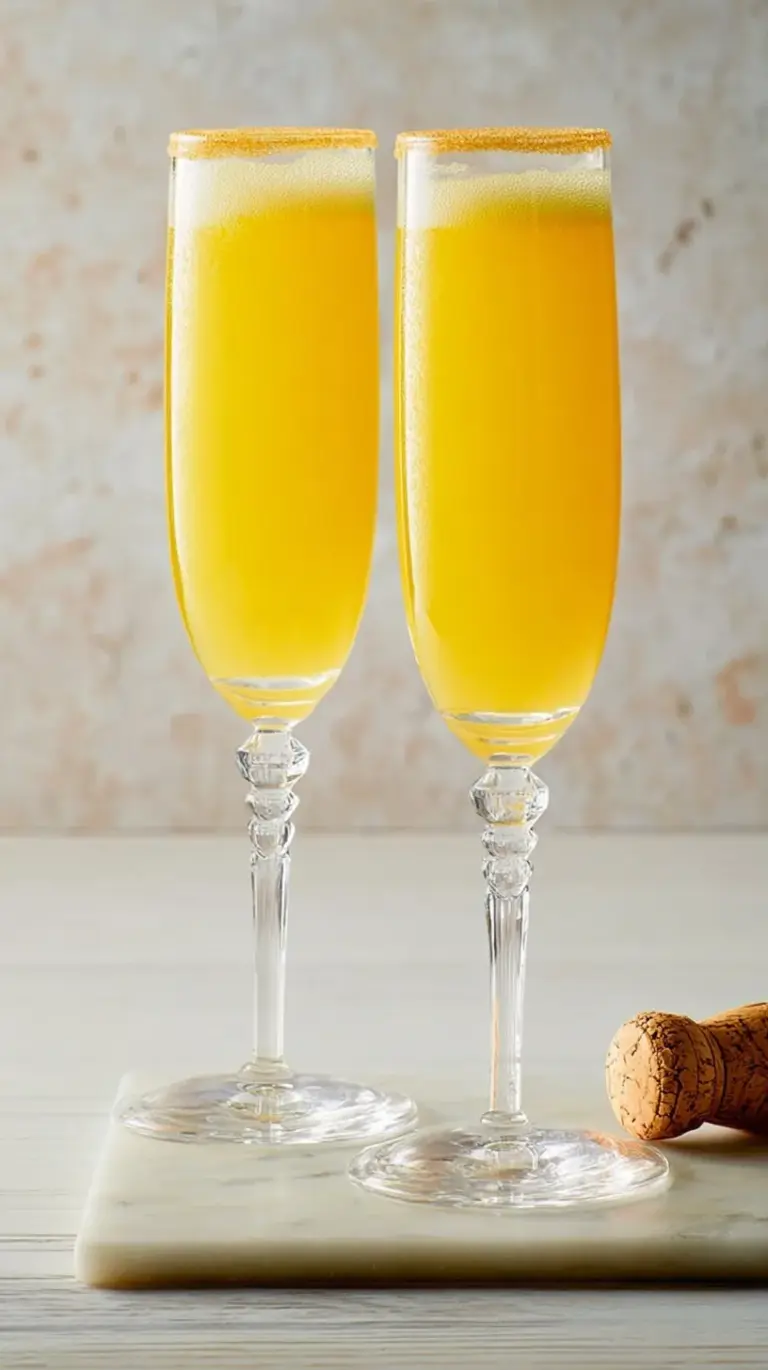 A chilled glass of golden mimosa with an orange slice garnish on a bright brunch table.