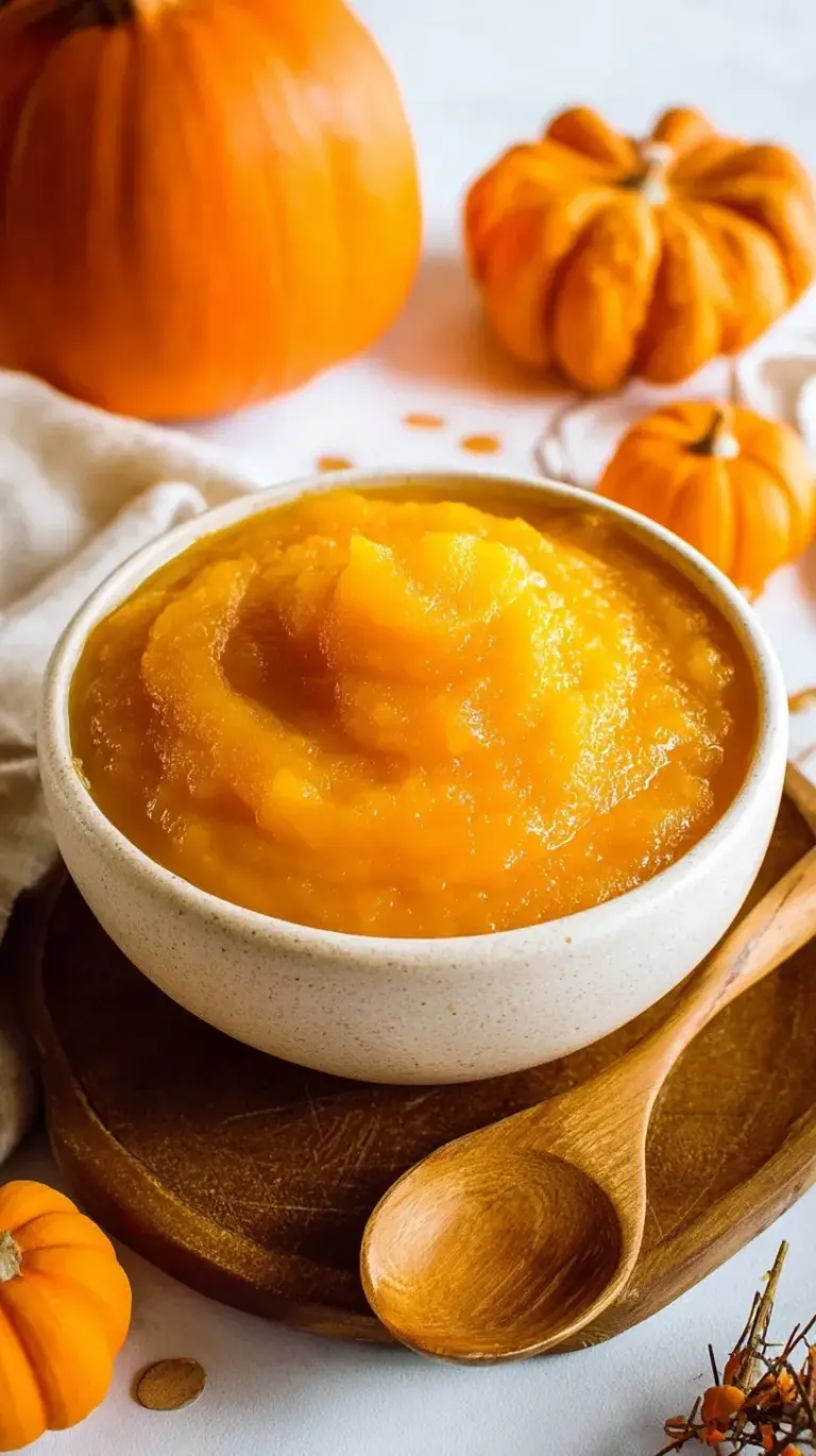 Smooth and vibrant orange homemade pumpkin puree in a glass jar next to a roasted sugar pumpkin.