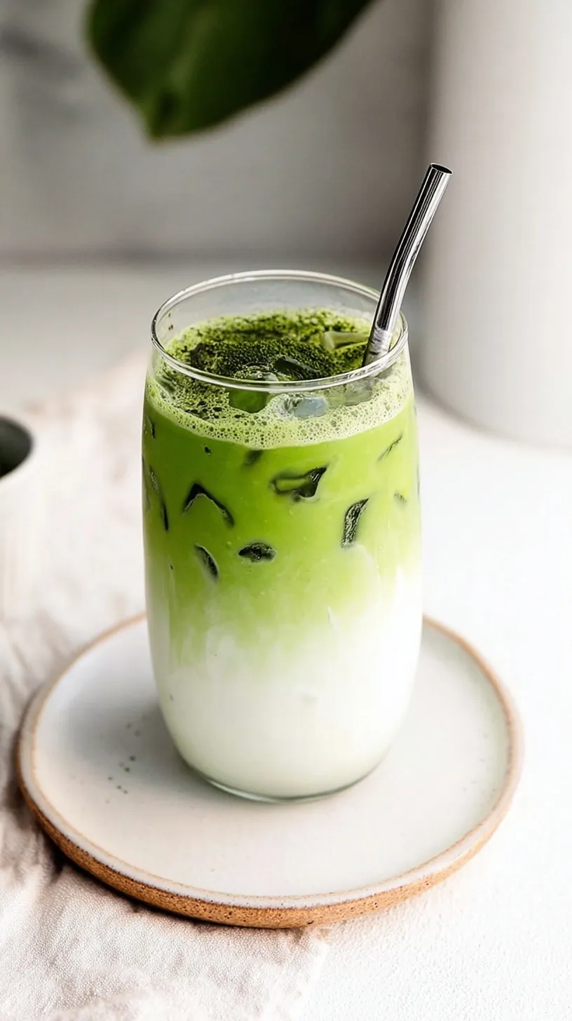 A layered iced matcha latte in a tall glass with green tea swirling into cold white milk and ice.