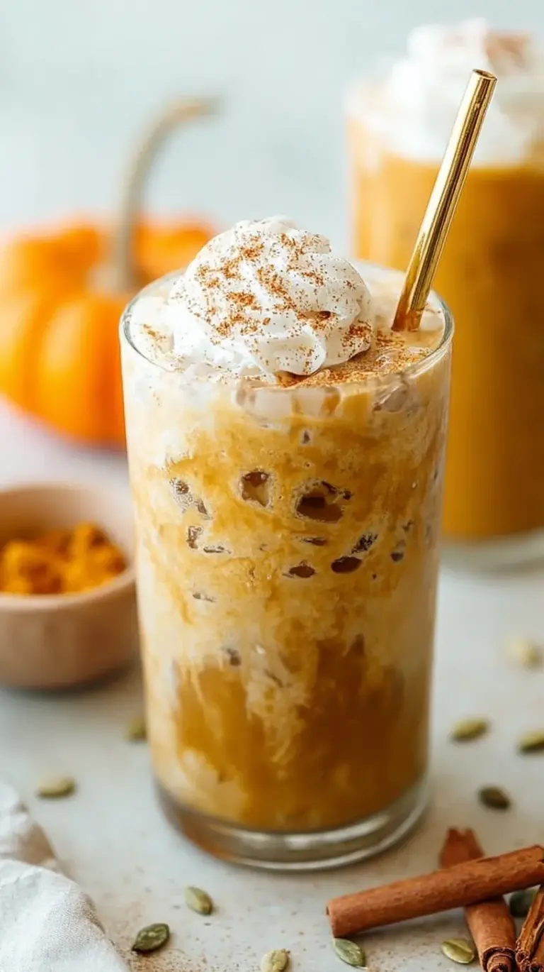 A tall glass of iced protein pumpkin spice latte with frothy layers and a dusting of spice