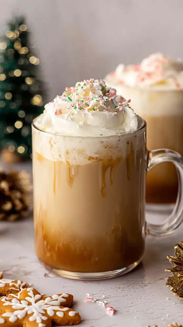 A tall glass of iced sugar cookie almondmilk latte with festive red and green sprinkles on top.
