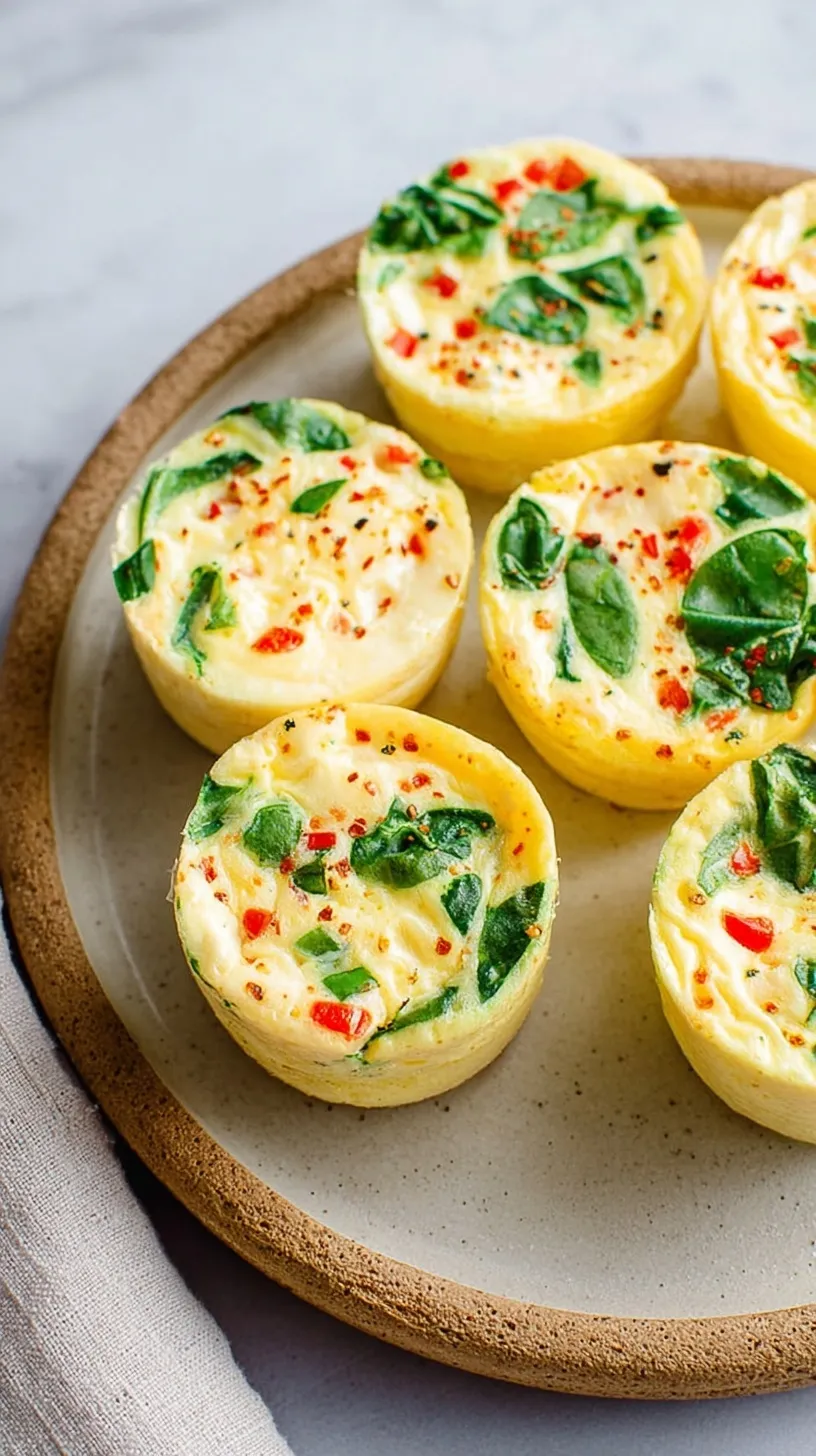Silky white egg bites with green spinach and red peppers in a silicone mold