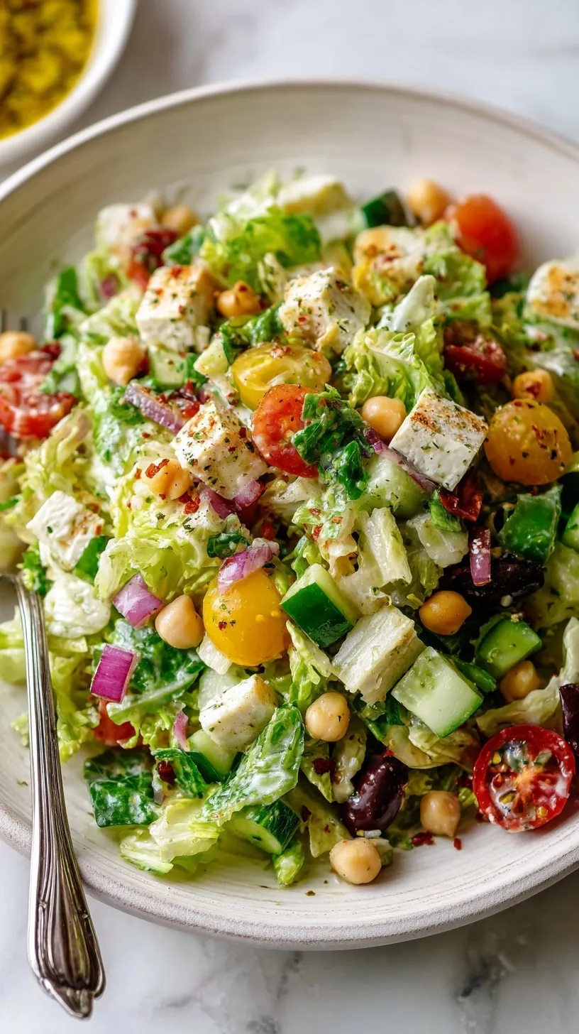 A colorful Italian Chopped Salad with salami, chickpeas, and provolone in a large bowl