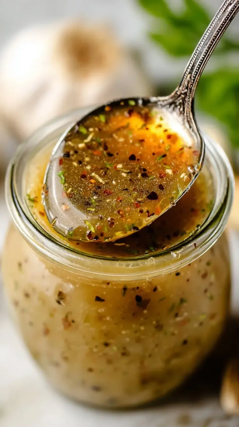 A glass jar filled with herb-flecked Italian vinaigrette next to a fresh garden salad.