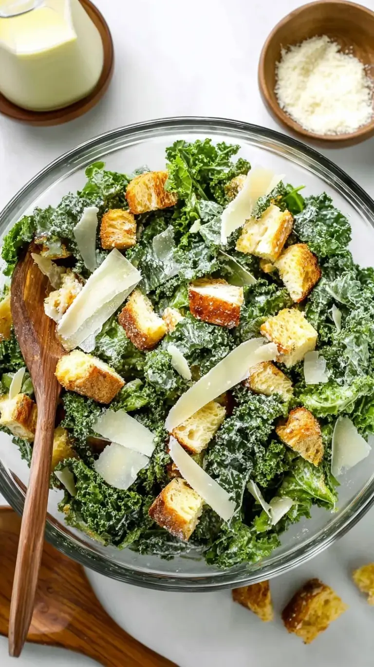 A large bowl of vibrant green Kale Caesar Salad with golden sourdough croutons and shaved parmesan cheese.