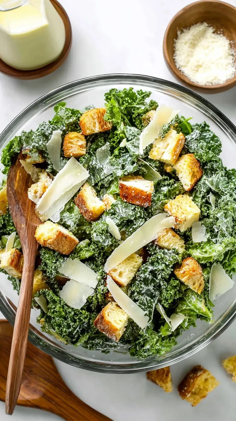 A large bowl of vibrant green Kale Caesar Salad with golden sourdough croutons and shaved parmesan cheese.