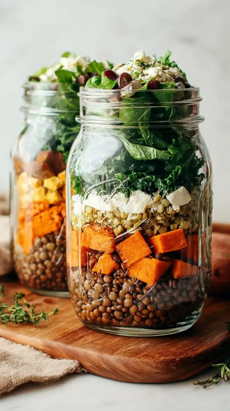 Four mason jars filled with layers of lentils, roasted sweet potatoes, and green kale on a kitchen counter.