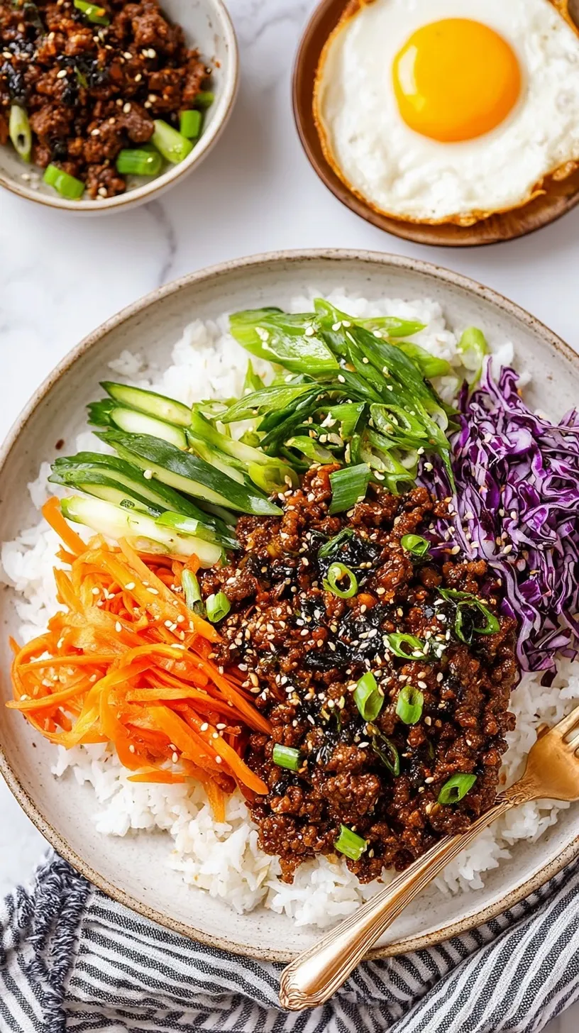 A colorful Korean Beef Bowl topped with green onions and sesame seeds over white rice.