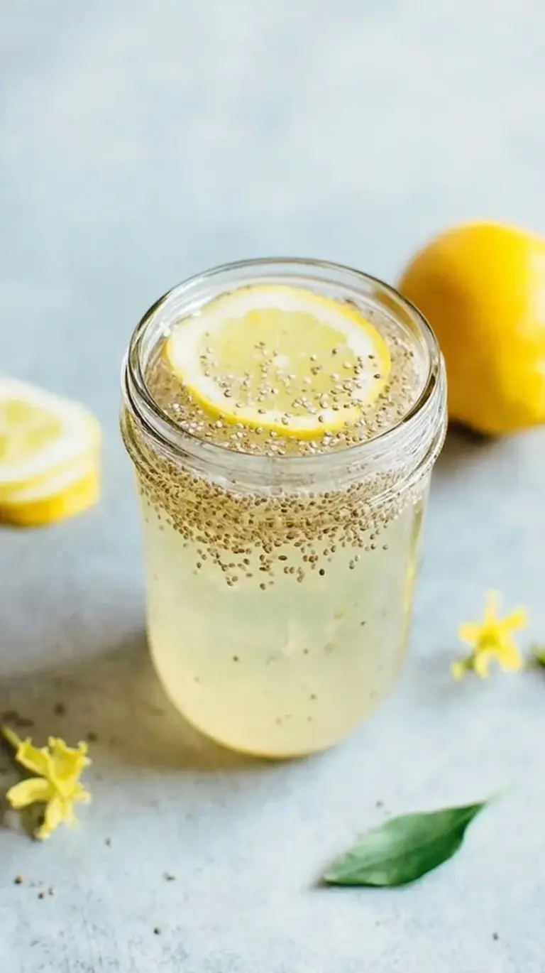 A tall glass of Lemon Chia Fresca with floating seeds and a fresh lemon slice garnish