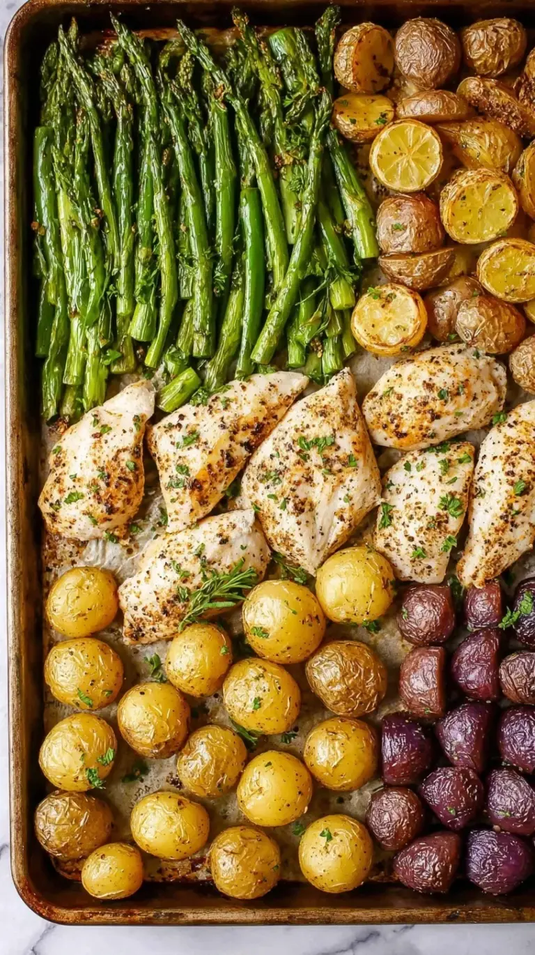 A colorful sheet pan with roasted chicken thighs, golden potatoes, and green asparagus garnished with lemon slices and parsley.