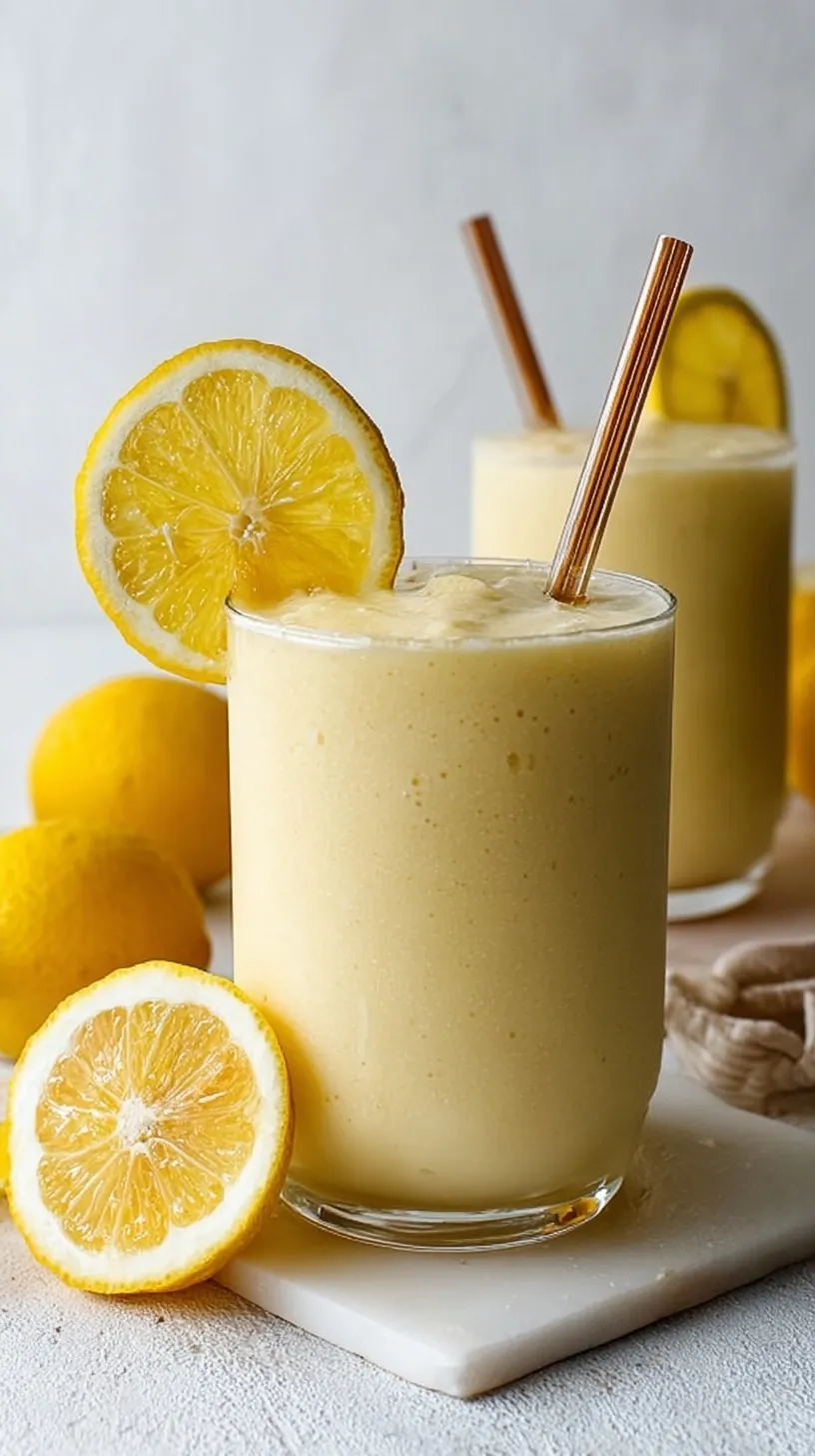 A creamy yellow lemon smoothie in a chilled glass topped with fresh lemon zest and a straw.