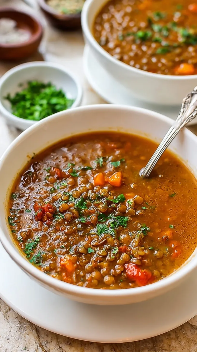 A steaming bowl of Classic Lentil Soup garnished with fresh spinach and a lemon wedge.