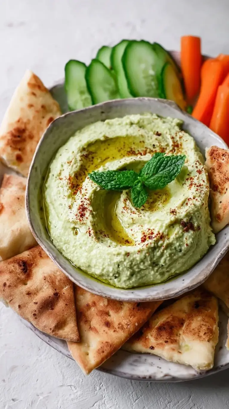 A bowl of creamy lima bean hummus topped with olive oil and fresh herbs next to pita bread