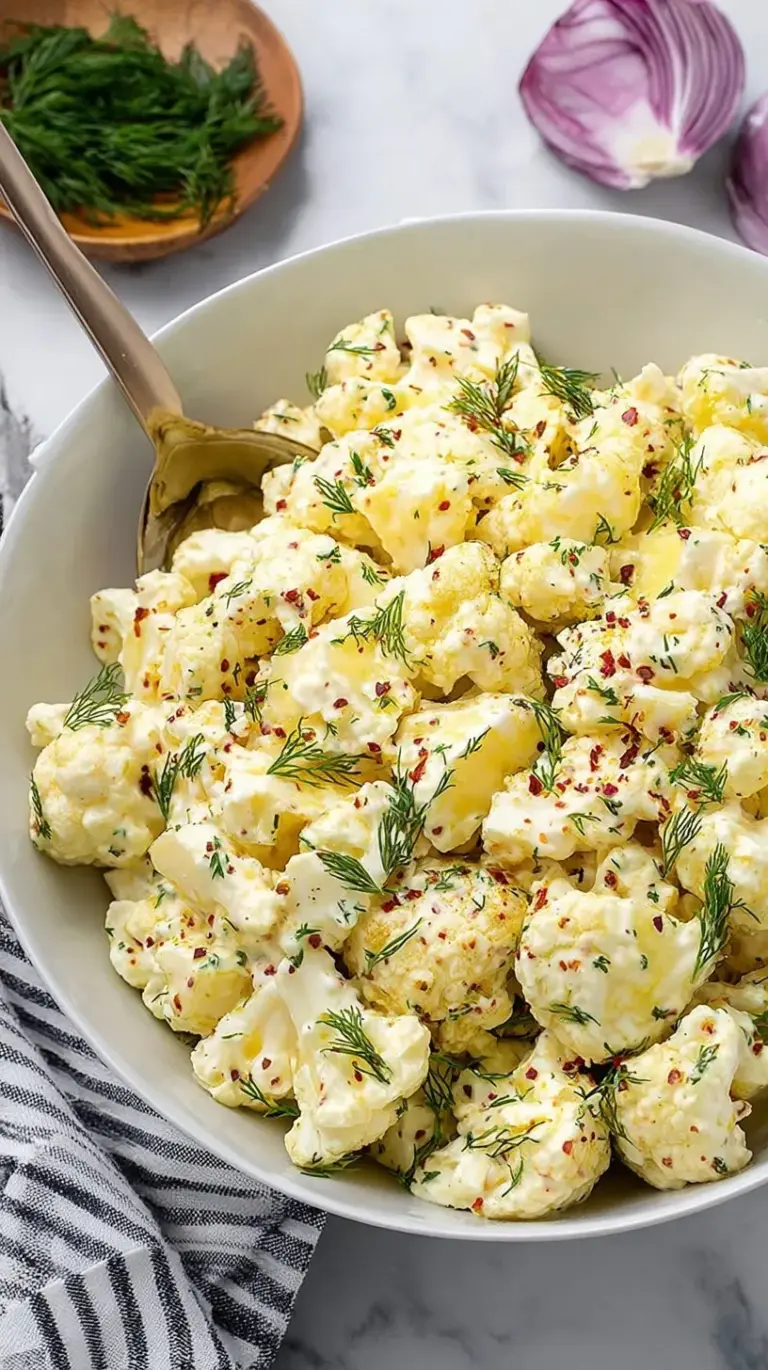 A bowl of creamy cauliflower potato salad topped with fresh dill and paprika