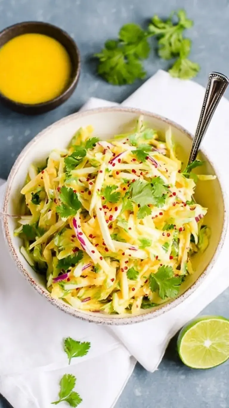 A colorful bowl of Mango Jicama Slaw with julienned mango, jicama, red peppers, and fresh cilantro.