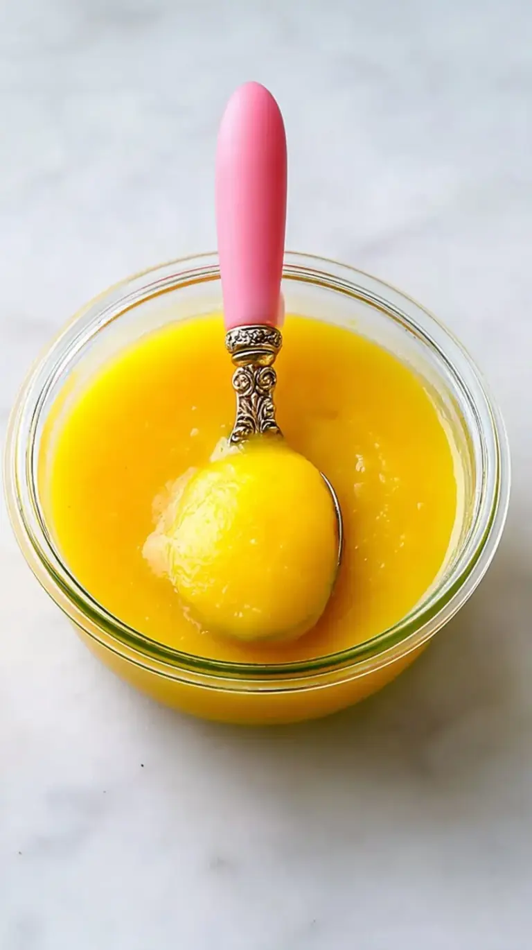 A small bowl of smooth, golden mango puree for babies with a tiny spoon.