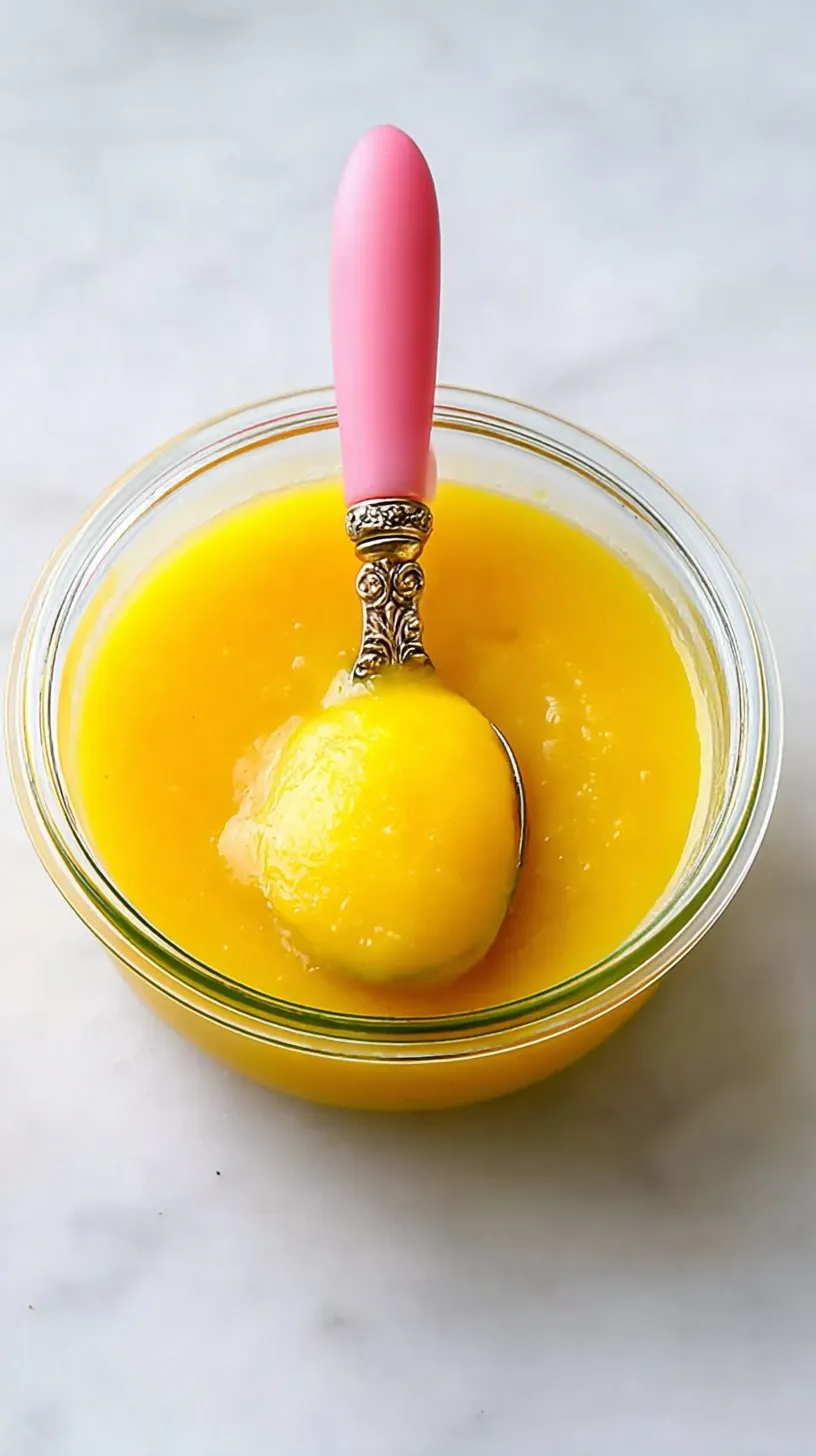 A small bowl of smooth, golden mango puree for babies with a tiny spoon.