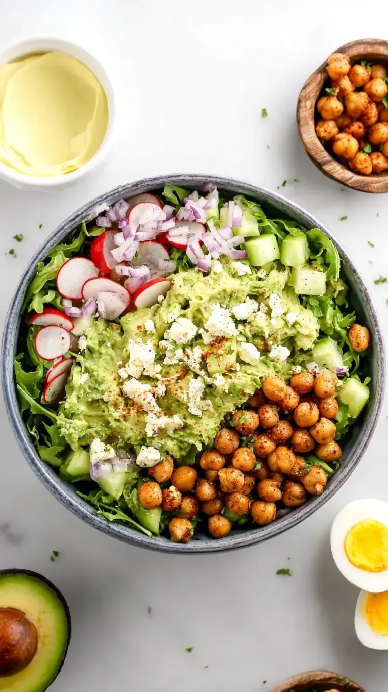 A vibrant green mashed avocado bowl topped with a hard-boiled egg, cherry tomatoes, and hemp hearts.
