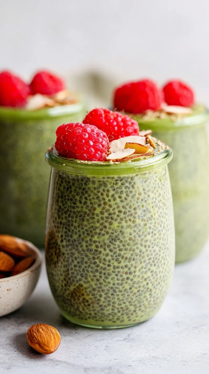 A glass jar filled with green matcha chia pudding topped with fresh berries and coconut flakes.