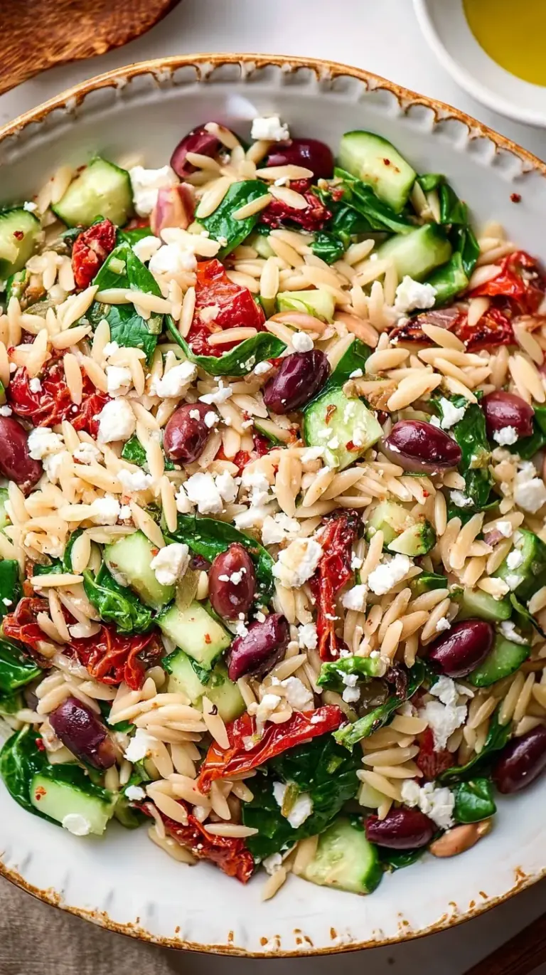 A vibrant bowl of Mediterranean Orzo Salad with cucumbers, tomatoes, and feta cheese.