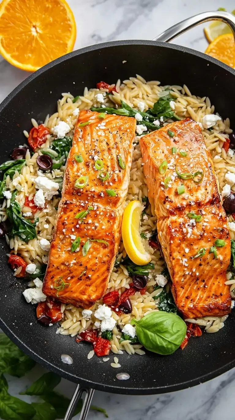 A large skillet filled with golden seared salmon fillets over lemon orzo with spinach, tomatoes, and feta cheese.