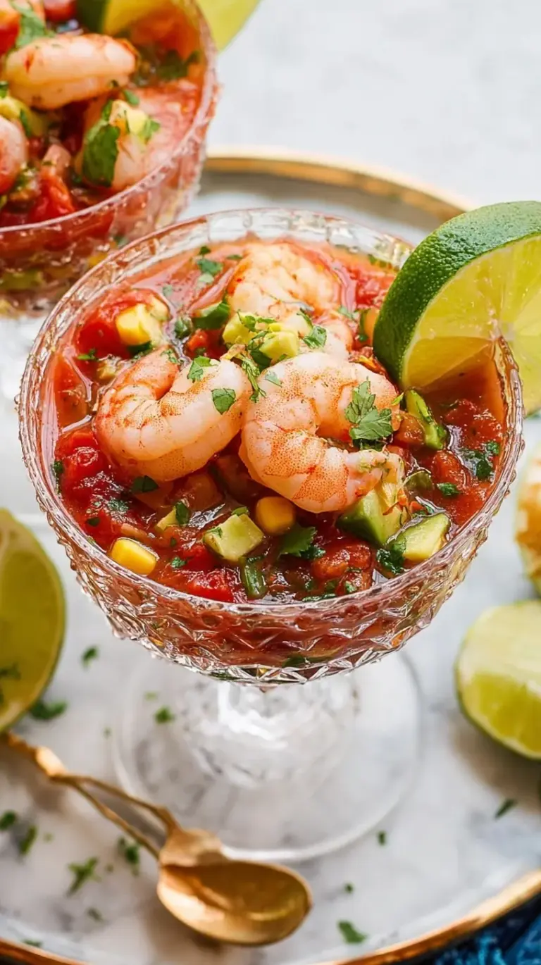 A vibrant Mexican Shrimp Cocktail served in a glass with avocado and lime